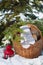 Wool mittens on the basketful of firewood near snowy Christmas-tree and a red lantern