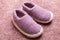 Woolen slippers stand on a pink carpet