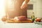 Wooman hands cutting beef meat on wooden chopping board, rosemary, oil, salt, pepper. Girk cooking pork meat on white