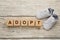 Word Adopt made of cubes and child shoes on white wooden table, flat lay