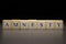 The word AMNESTY written on wooden cubes, isolated on a black background