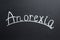 Word Anorexia written with white chalk on blackboard