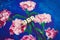 Word art of beads on the picture. Hand drawn carnation flowers on bright blue background. Picture made by oil on cardboard.
