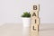 word BAIL with wood building blocks, light green background. front view.