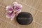 Word Bienvenue meaning welcome in French written on a black stone with orchid