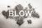 Word blow written in ash, dust, dirt, sand cloud as wind, smoke, hygiene, explosion, bomb, war concept background