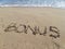 Word `Bonus` written on wet sand at the sea