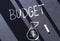 The word budget is written in white chalk on a black surface and a bag of money