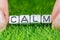 Word CALM written in metal letters laid on grass and held between the fingers of a woman. Concept of wellness, psychology