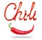 The word Chili written with ketchup and red hot natural chili pepper pod