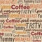 Word cloud with different text related to coffee menu. Seamless pattern with words for brunch and breakfast about beverage