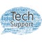 Word cloud in the shape of a chat box with tech support words. Help given by technician Online or Call Center Customer