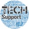 Word cloud in the shape of a circle with tech support words. Help given by technician Online or Call Center Customer