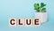 The word CLUE is written on wooden cubes near a flower in a pot on a light blue background