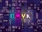 The word CMYK as neon glowing unique typeset symbols, luminous letters cmyk