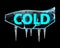 The word cold is frozen in a piece of ice with hanging icicles on a black background. 3D rendering