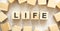The word consists of wooden cubes with letters, top view on a light background