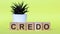 Word credo. Wooden small cubes with letters isolated on yellow background