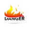 Word DANGER and flames of fire on a white background