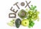 Word detox is made from chia seeds. Green smoothies and ingredients. Concept of diet, cleansing the body, healthy eating