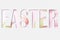 Word EASTER shape cut in the white paper with different colorful Easter eggs. Minimal spring holidays concept