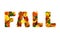 Word FALL made with colorful fall leaves, physalis lanterns Physalis alkekengi, dog-rose fruits and acorns, isolated on white