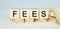 Word FEES. Wooden small cubes with letters