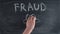 Word fraud is written on chalkboard and picture of a swindler in a hat with glasses is drawn, timelapse. Concept of
