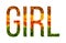 Word girlwritten with leaves white isolated background, banner for printing, creative illustration of colored leaves.