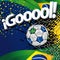 Word GOOOOL next to a soccer ball scoring a goal against a background of Brazilian flags and green, blue, and yellow confetti.