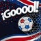 Word GOOOOL next to a soccer ball scoring a goal against a background of Costa Rican flags and white, blue, and red confetti.