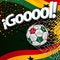 Word GOOOOL next to a soccer ball scoring a goal against a background of Ghanaian flags and red, yellow, and green confetti.