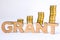 Word grant of three-dimensional letters is in foreground with growth columns of coins on blurred background. Monetary grant concep