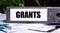 The word GRANTS is written on a gray file folder next to documents. Business concept
