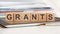 The word grants is written on wooden cubes, concept