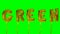 Word green from helium golden balloon letters floating on green screen -