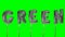 Word green from helium silver balloon letters floating on green screen -