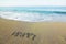 Word happy written on beach sand