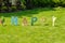 The word happy written in individual colorfully decorated letter signs was seen on a lawn