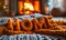 The word HOME knitted in vibrant orange yarn on a cozy grey blanket with a warm fireplace in the background evoking comfort and