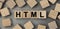 Word HTML made with wood building blocks. Top view