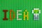 Word Idea and light bulb spell out from Lego Round Bricks 1x1 on green baseplate