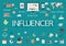 Word influencer with involved flat icons around.