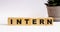 The word INTERN on wooden cubes on a light background near a flower in a pot. Defocus
