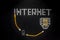 Word `Internet`, shield made of connectors RJ45 and padlock. Yellow patch cords composition isolated over the black scratched boa