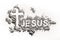 Word Jesus and christian cross or crucifix made in ash