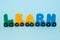 Word Learn made of letters train alphabet. Bright colors of red yellow green and blue on a white background. Early childhood educa
