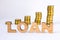 Word loan of three-dimensional letters is in foreground with growth columns of coins on blurred background. Loan concept for start