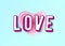 Word Love with 3d effect letters. Heart paper cut multi red pink color layers