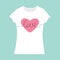 Word Love lettering. Pink heart. T-shirt template. White color. Woman model. T shirt mockup. Front side. Flat design. Isolated. Bl